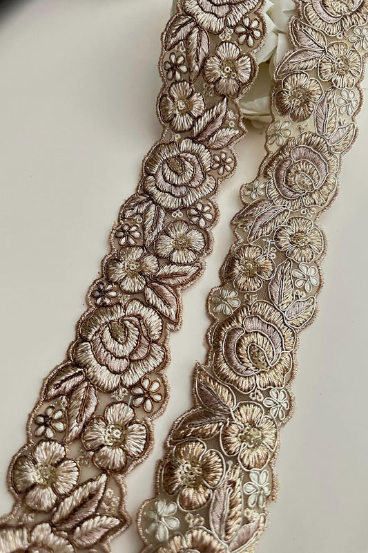 Indian Zari Embroidered Embossed Rose design 5cm Antique & Gold Indian trim ribbon