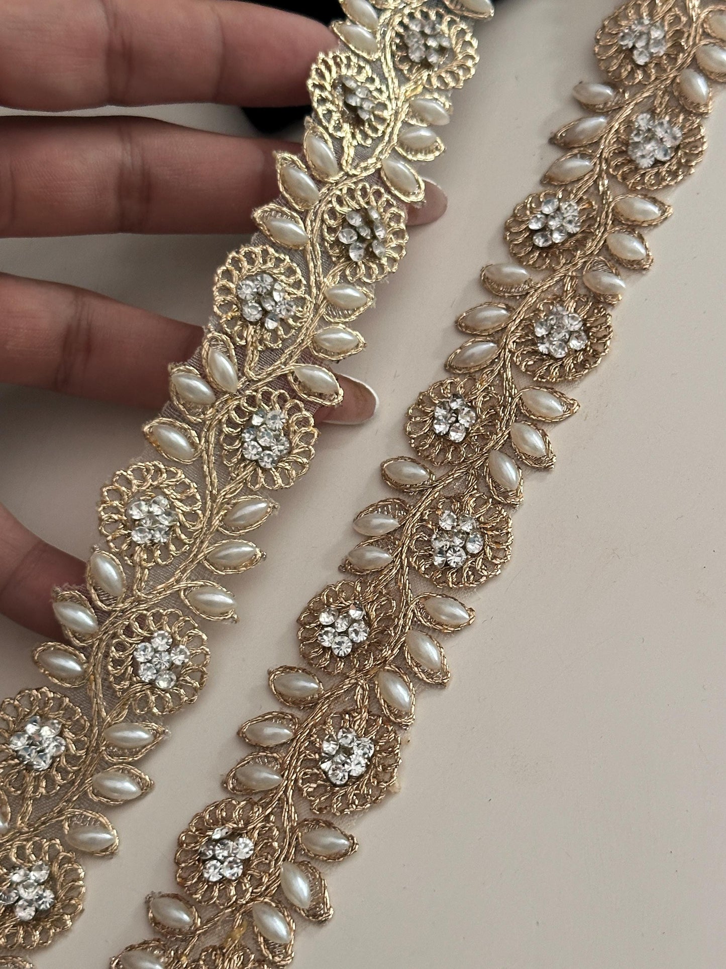 Pearl beaded lace trim with Rhinestone Thin Vine Bridal Sash Hair Accessory