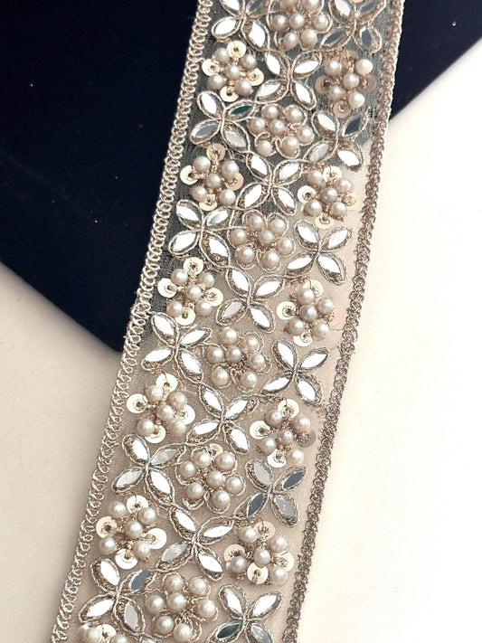 Broad Elegant White Pearl pale Zircon Gold Zari Work Lace Trim Stonework
