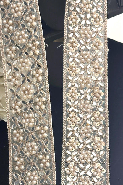 Broad Elegant White Pearl pale Zircon Gold Zari Work Lace Trim Stonework