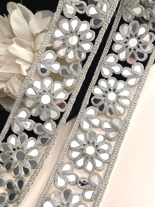 Indian Silver Flower Mirror Band for DIY Dress Belts Vintage dresses Designer saree Border