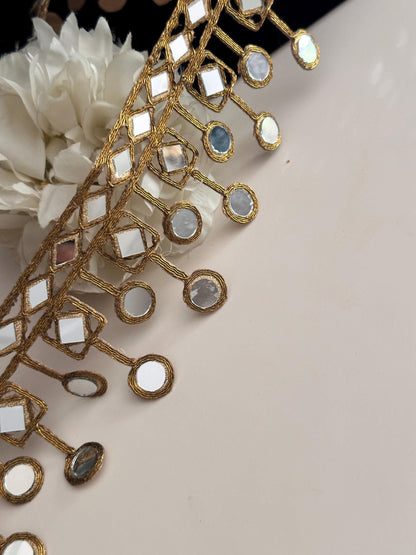 Mirror Belt Gold Hand Crafted Trim 7cm Suspended Mirror Band For Kaftan saree