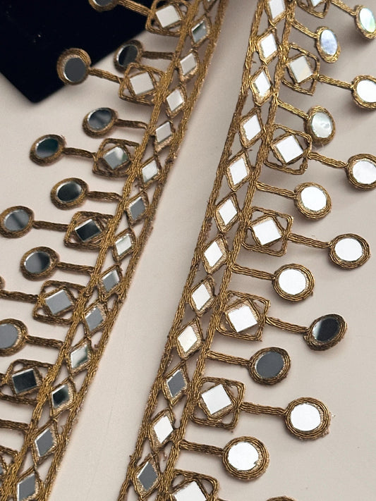 Mirror Belt Gold Hand Crafted Trim 7cm Suspended Mirror Band For Kaftan saree
