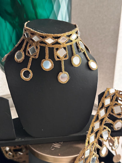 Mirror Belt Gold Hand Crafted Trim 7cm Suspended Mirror Band For Kaftan saree