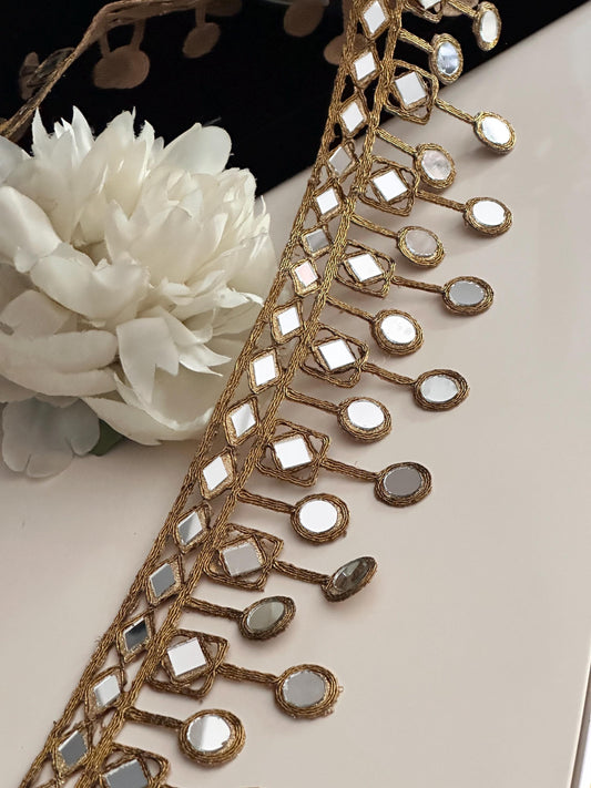 Mirror Belt Gold Hand Crafted Trim 7cm Suspended Mirror Band For Kaftan saree