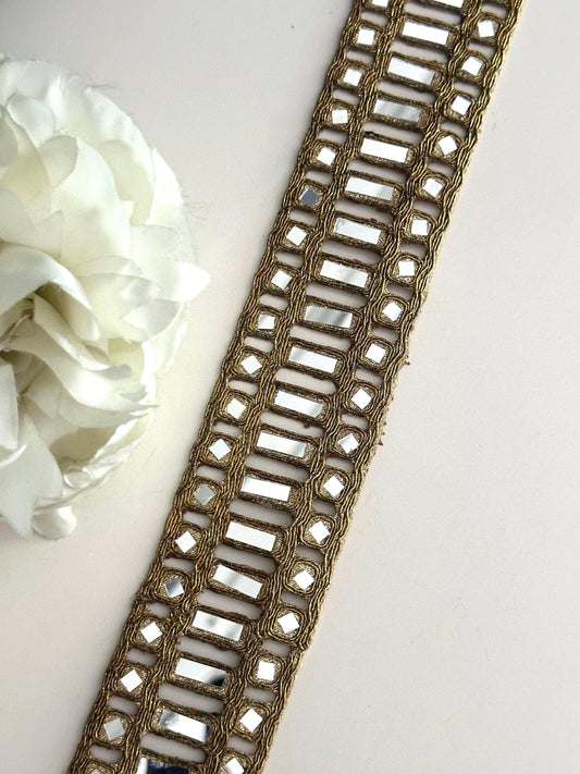 Indian Mirror Gold Hand Crafted Broad Mirror Work Border Jewelled Mirror Belts Kaftans