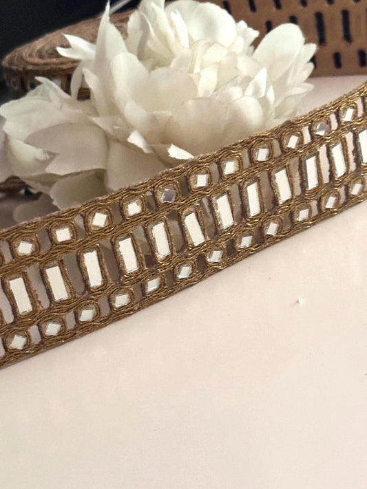 Indian Mirror Gold Hand Crafted Broad Mirror Work Border Jewelled Mirror Belts Kaftans