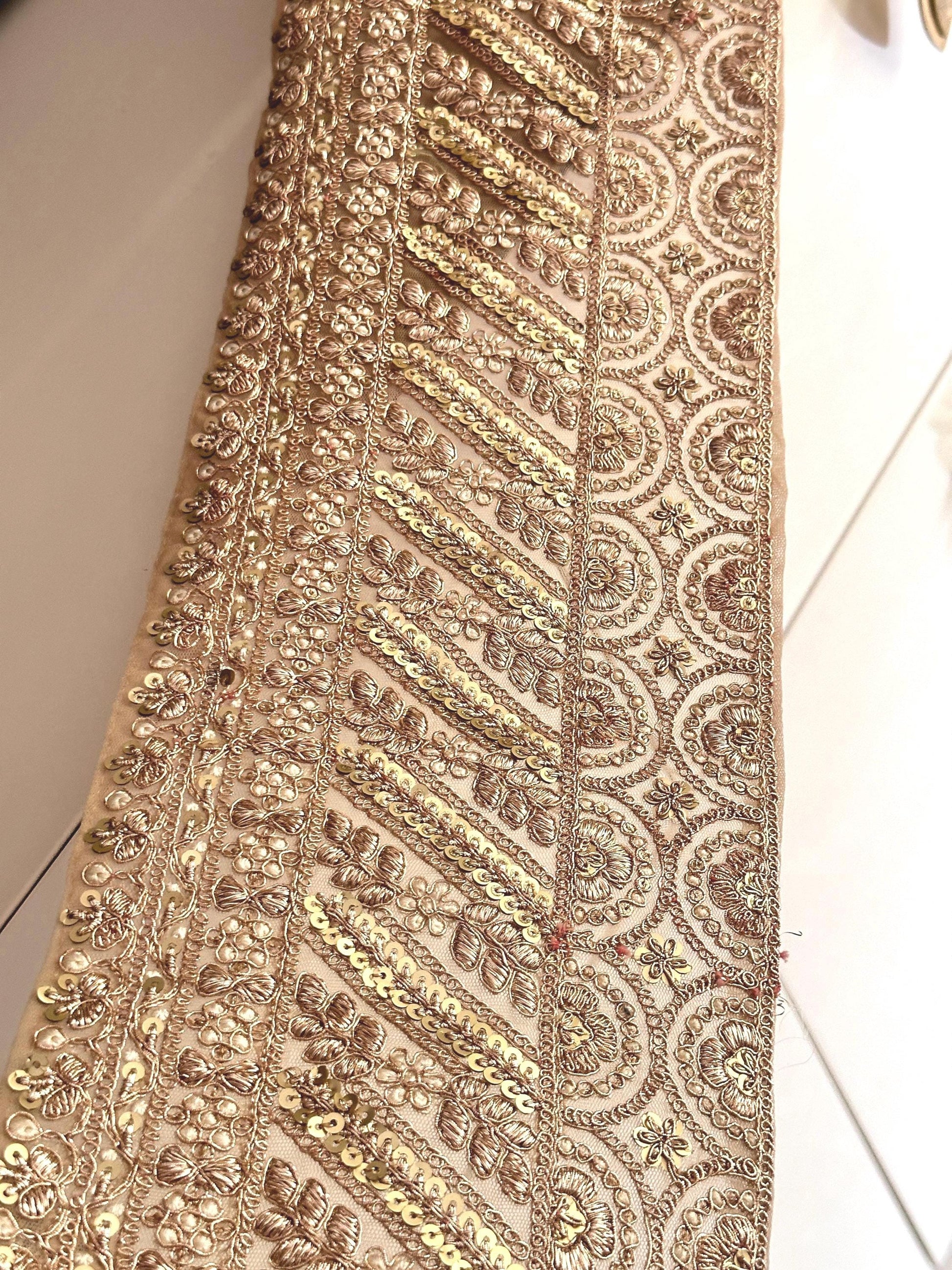 &quot;15cm cream and gold lace trim with pearls, mirrors, and sequin embroidery, perfect for bridal and festive decor.&quot;