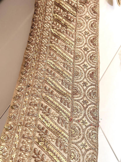 &quot;15cm cream and gold lace trim with pearls, mirrors, and sequin embroidery, perfect for bridal and festive decor.&quot;