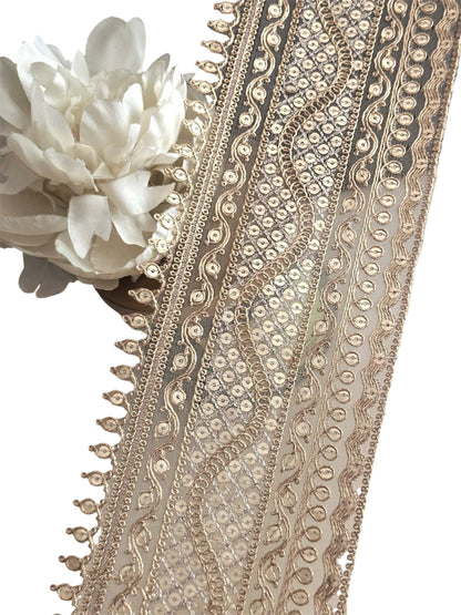 Bridal Veil Indian Zari Sequin Wedding Trim Scalloped Gold Sequin Work Floral Lace Trim