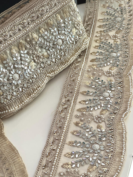 Bridal Veil Lace Floral Lace Applique Trim Pearl & Mirror Cathedral Veil