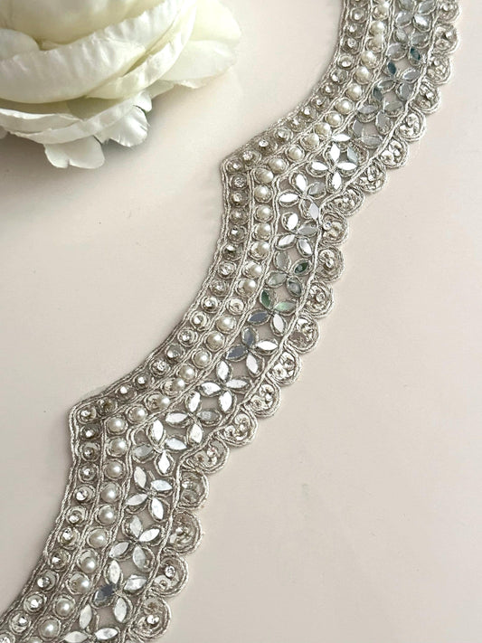 Scalloped embellished indian embroidered border Pearl mirror and zircon