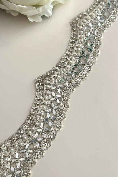 Scalloped embellished indian embroidered border Pearl mirror and zircon