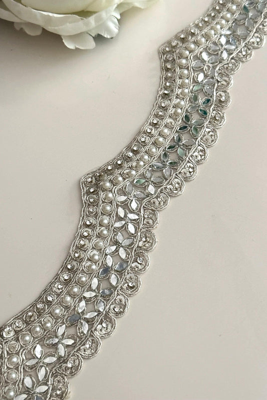 Scalloped embellished indian embroidered border Pearl mirror and zircon
