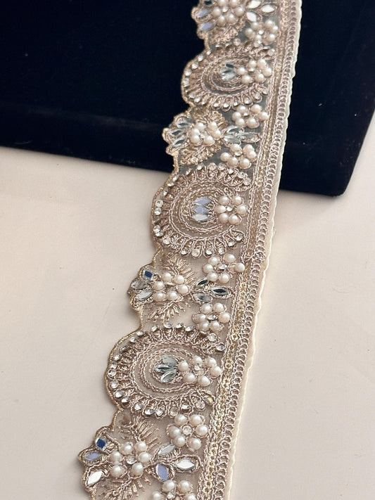 Luxury Light Pearl Zircon Embroidery Sari Border Edging Trim Wedding Dress Lace
