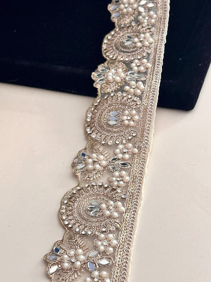 Luxury Light Pearl Zircon Embroidery Sari Border Edging Trim Wedding Dress Lace
