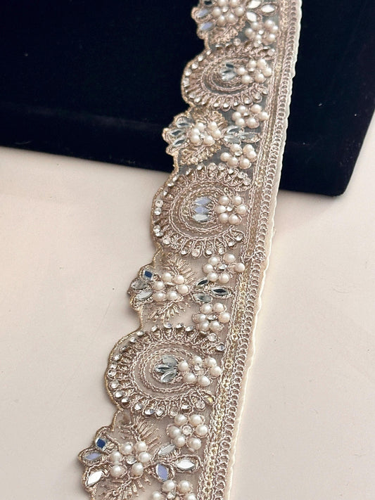 Luxury Light Pearl Zircon Embroidery Sari Border Edging Trim Wedding Dress Lace