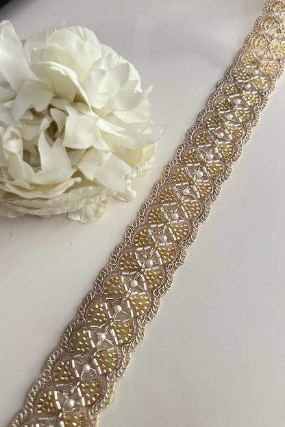 Gold Glass Bead Pearl 4cm Embellished  Bridal Lace Crafting Cushion Lace Trim