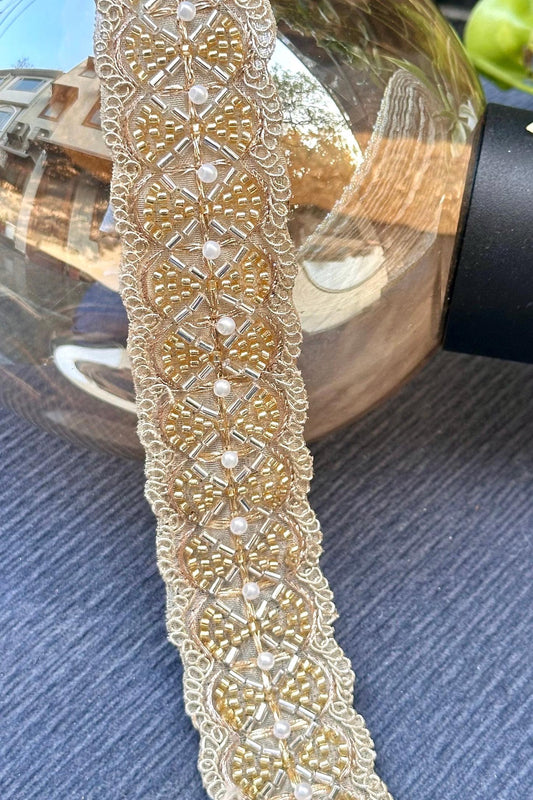 Gold Glass Bead Pearl 4cm Embellished  Bridal Lace Crafting Cushion Lace Trim