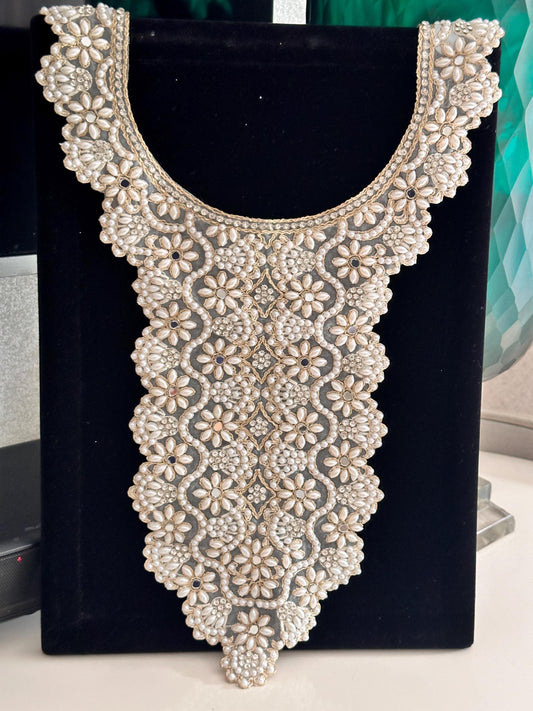 Neckline patch Applique Beaded Pearl Zircon Embroidered Applique Sew on