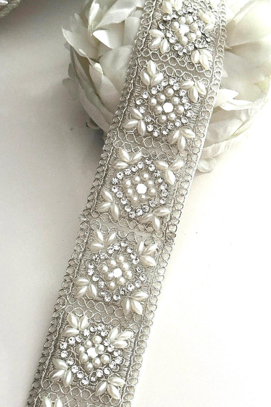 Silver pearl and crystal zircon 4.5cm embellished Indian border By yard sari trim