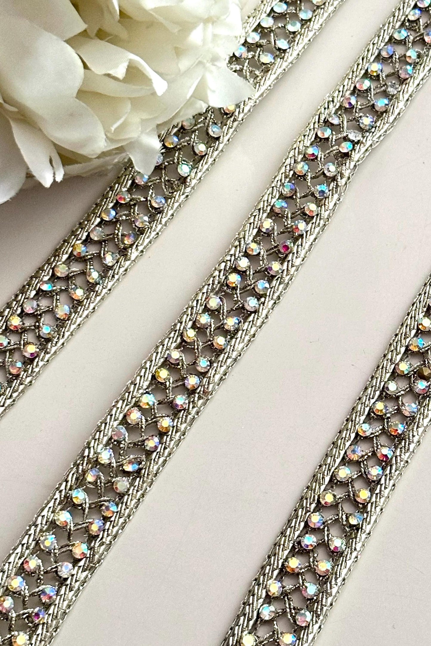 Rainbow Colour Zircon Stone Ribbon Lace trim Light Gold