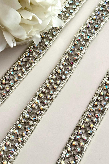 Rainbow Colour Zircon Stone Ribbon Lace trim Light Gold Zari Thread for Festive wear Christmas decor Gifting Idea Headband Lace Sew on trim