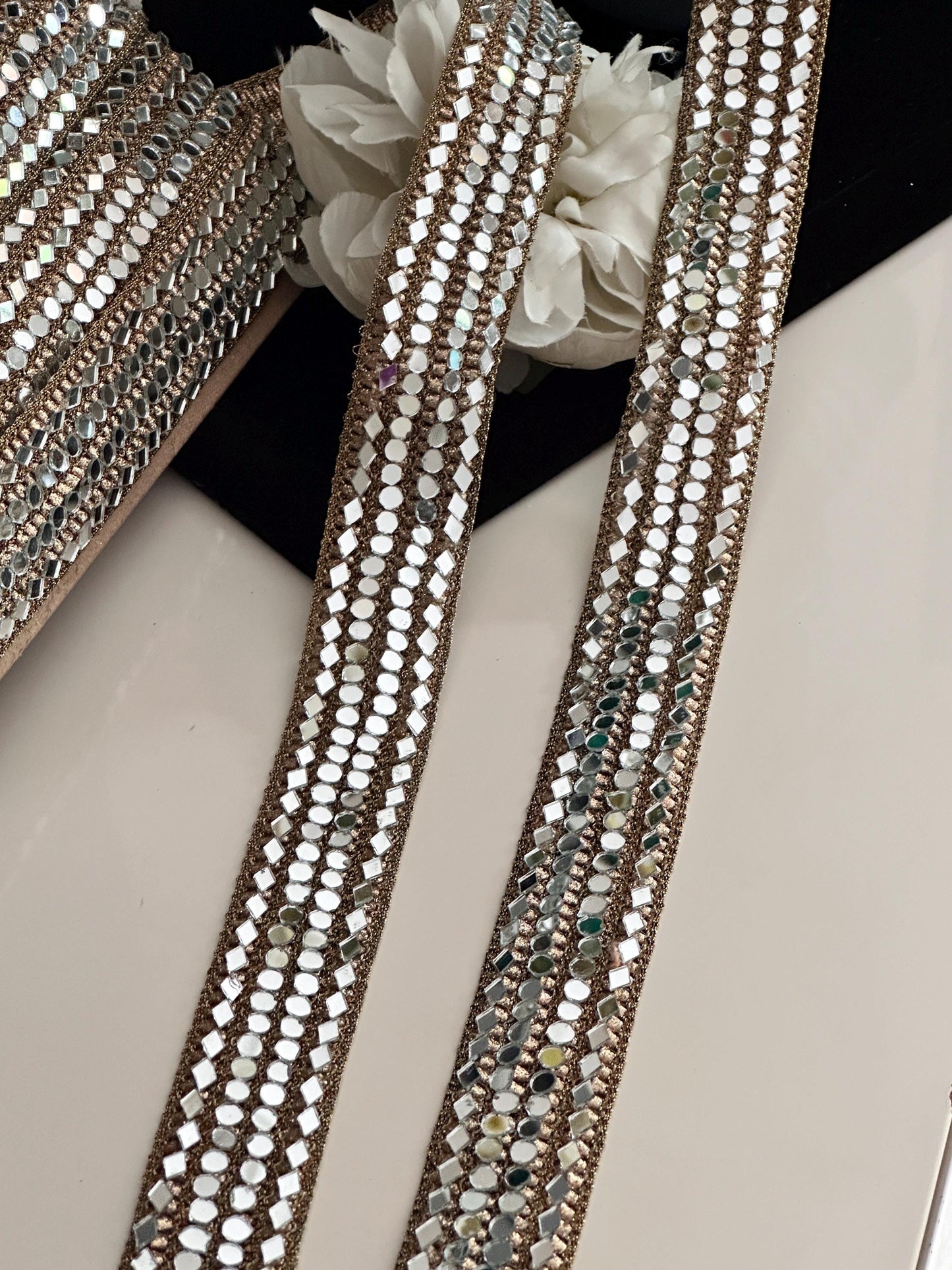Bridal Fabric Mirror Zari Trim Handcrafted Bridal Veil Trim Mirror Belt Wedding Sash Handcrafted Necklace Jewellery Gift Decorative Trim