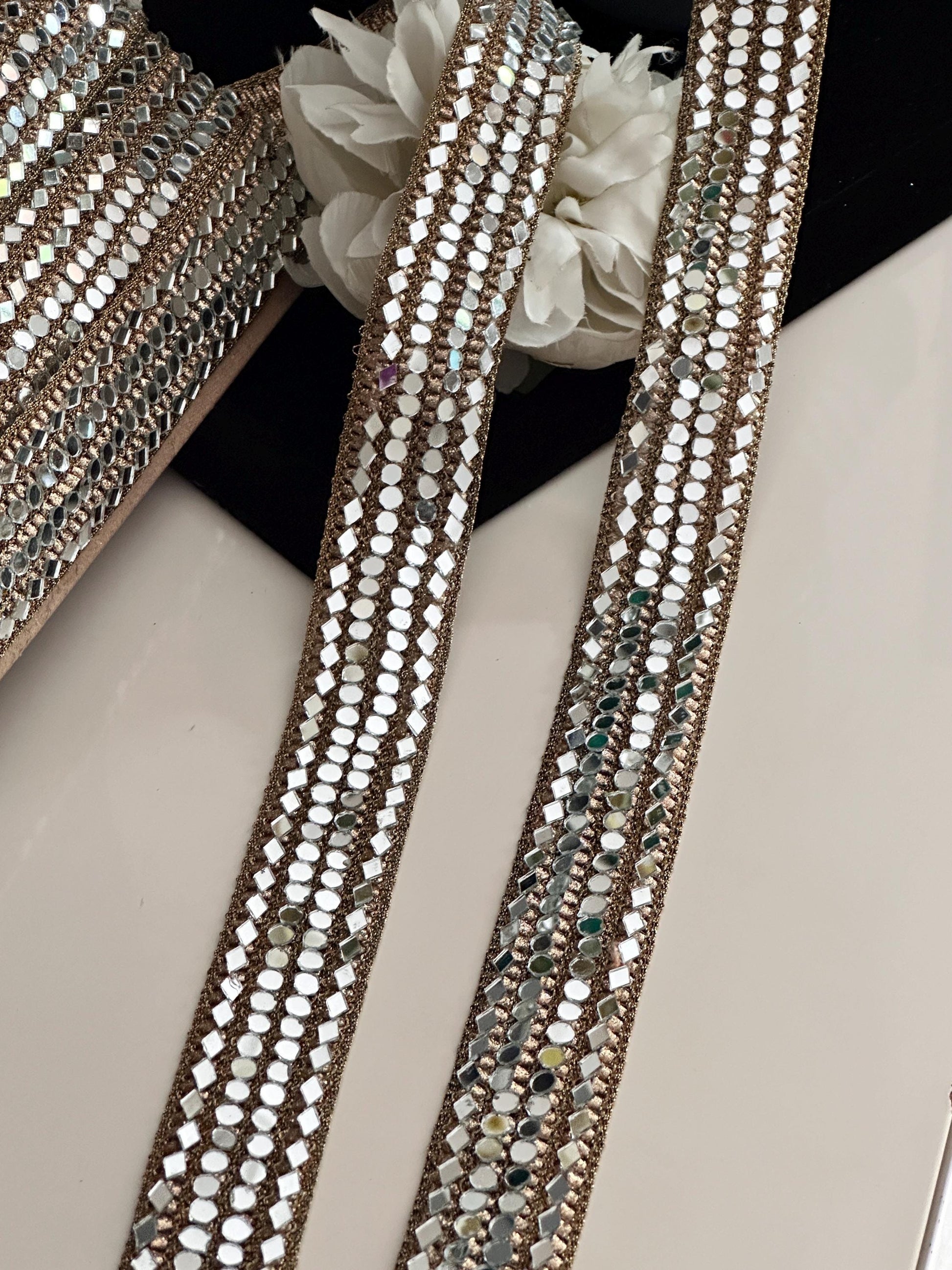 Bridal Fabric Mirror Zari Trim Handcrafted Bridal Veil Trim Mirror Belt Wedding Sash Handcrafted Necklace Jewellery Gift Decorative Trim
