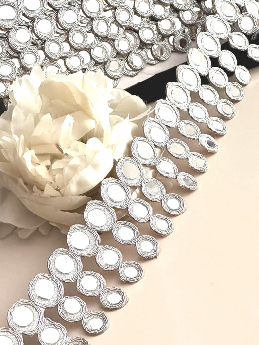 Cutwork Indian Mirror Belt Symmetric Mirror saree trim Metallic Silver Lace