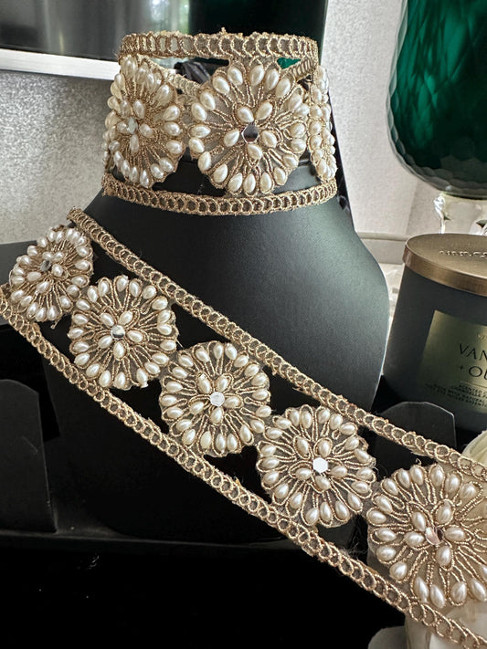 Round Gold Wedding lace Pearl and Zircon embroidery bridal waist band