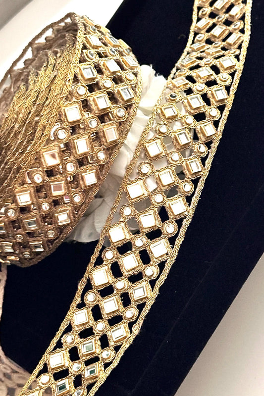 Gold Kundan lace Stone Zircon Work Border White Metal Resin Trim Indian Sari