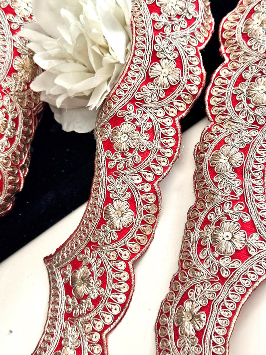 Indian Sari Trim for Bridal & Festive Wear Zari Embroidered Sewing Fabric Scalloped Costume Trim by Yard