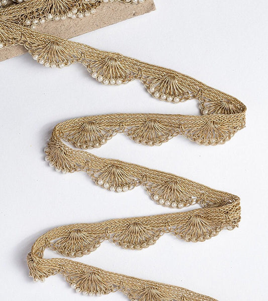 Scalloped Gold Trim Pearl Seed Bead Metallic Lace Sew-on Saree Tassel Trim For Bridal Belt Dress Accessory Dupatta Crafting Lace Upholstery