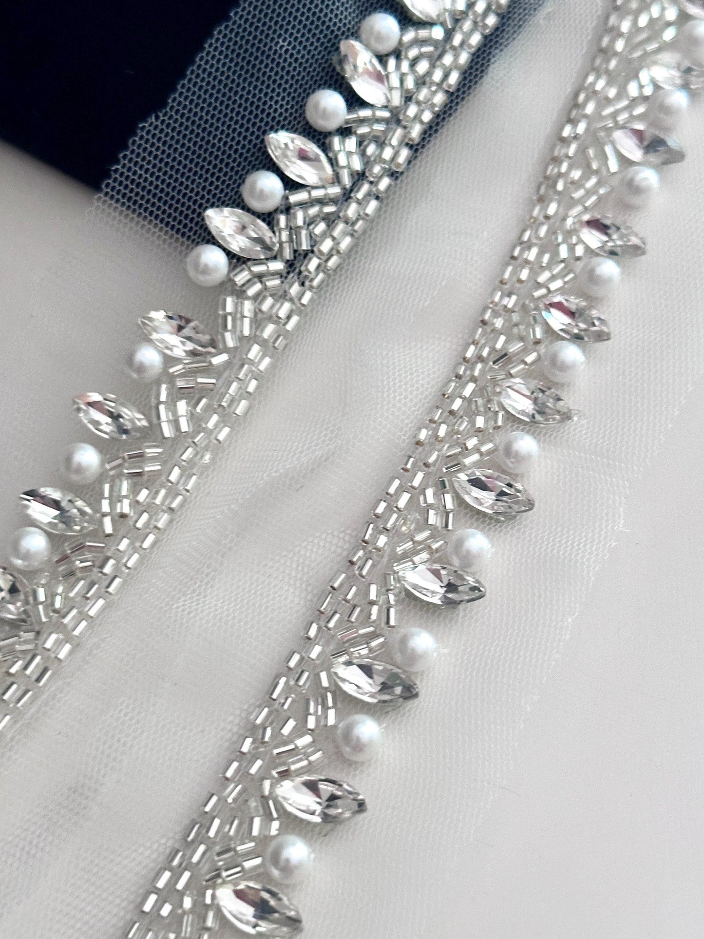 Metallic Silver Crystal Rhinestone Beaded Lace Applique Handmade Bridal Rhinestone Lace