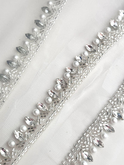 Metallic Silver Crystal Rhinestone Beaded Lace Applique Handmade Bridal Rhinestone Lace