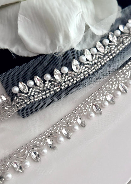 Metallic Silver Crystal Rhinestone Beaded Lace Applique Handmade Bridal Rhinestone Lace