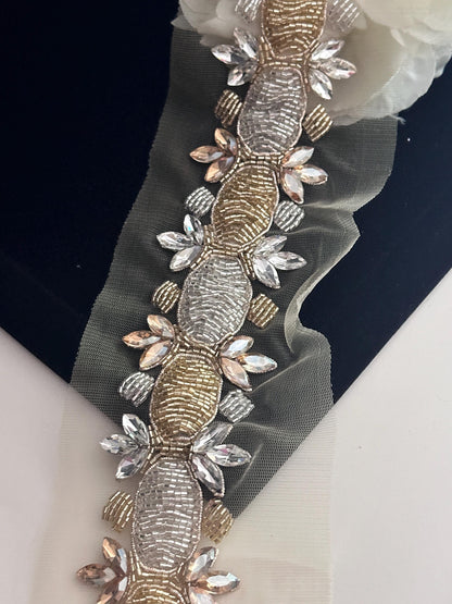 Bridal Rhinestone Sash Belt Silver & Gold Bridal Applique Sash