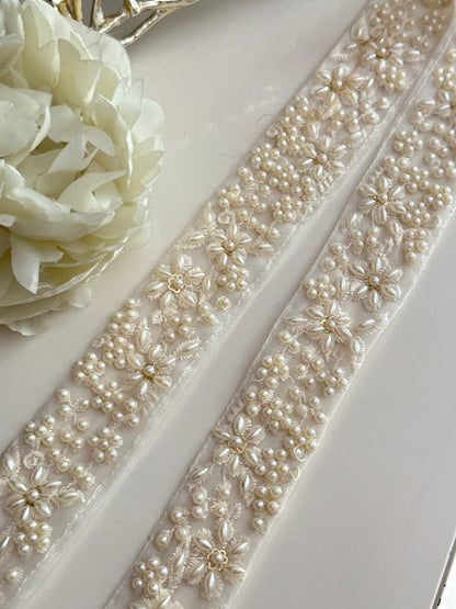 Pearl Beaded Sheer Trim Ivory White Catholic Wedding Lace for Bridal Gown