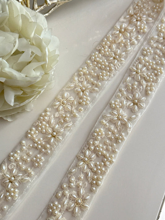 Pearl Beaded Sheer Trim Ivory White Catholic Wedding Lace for Bridal Gown