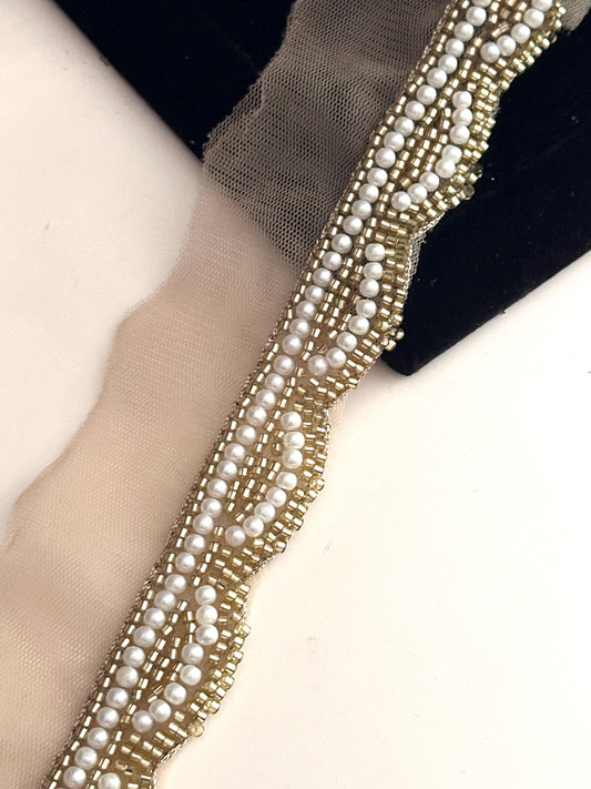 Pearl Beaded Lace Trim Glass Beads Indian Handmade Border Lace trim