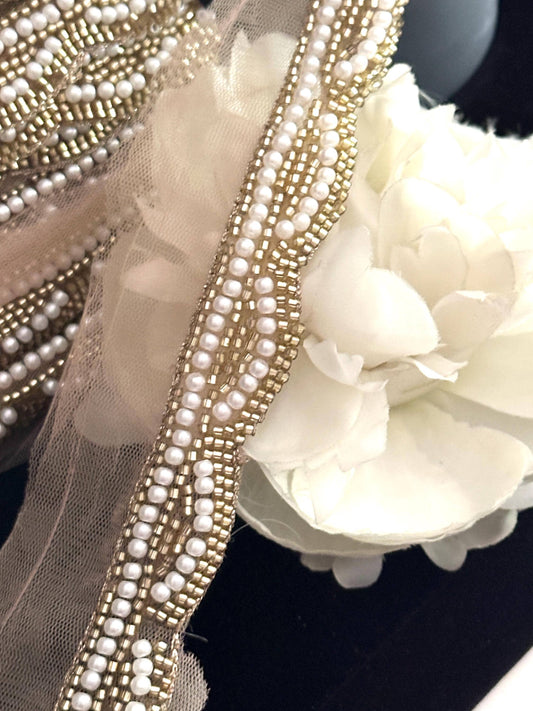 Pearl Beaded Lace Trim Glass Beads Indian Handmade Border Lace trim