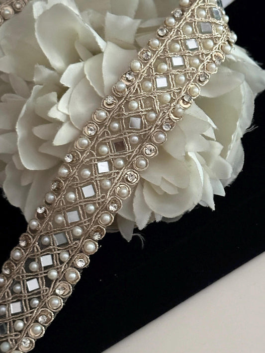 Golden Real Mirror Trim 3cm with Pearls Glamourous Dress Embellishment Lace