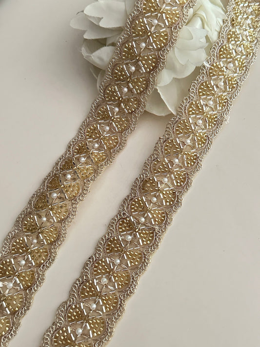 Pale Gold Glass Bead Pearl Embellished Bridal Lace 4cm Indian Embroidered Band