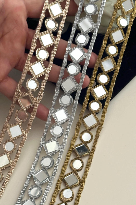 Indian Gold Mirror Trim Lace Indian Embroidered Geometric Design for DIY