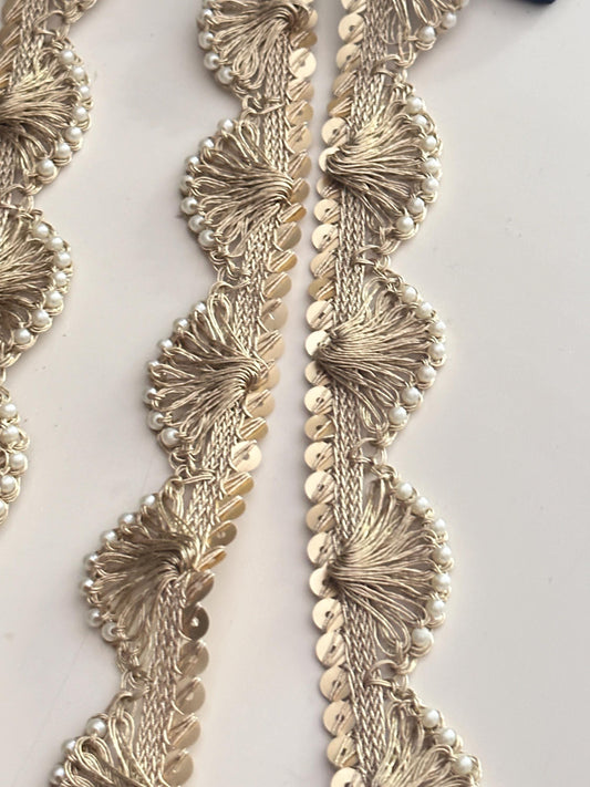 Scalloped Pearl Sequin Indian Embroidery Sari Border Scalloped Edging Trim 2cm Crafting Ribbon For Wedding Dress Vintage Dress Decor by Yard