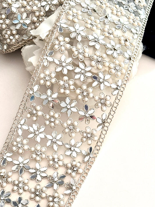 Pearl Mirror Embellished zircon lace trim Gold Flower Pattern Sari Ribbon