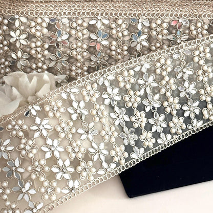 Pearl Mirror Embellished zircon lace trim Gold Flower Pattern Sari Ribbon
