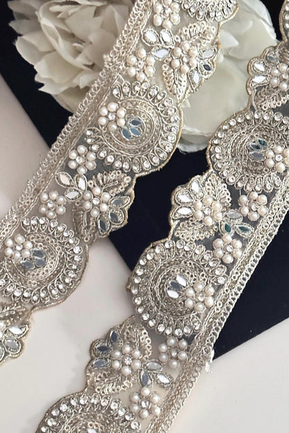 Luxury Light Pearl Zircon Embroidery Sari Border Edging Trim