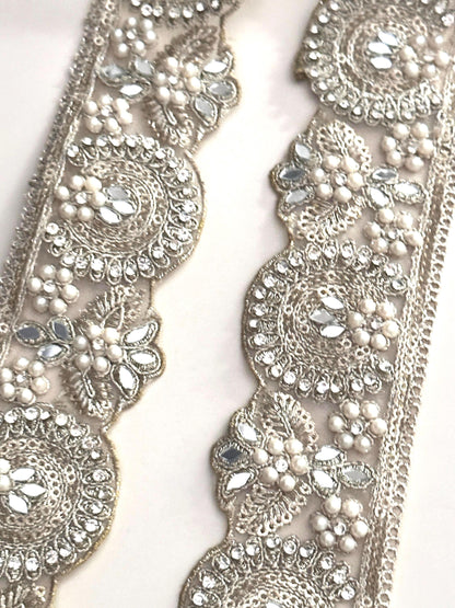 Luxury Light Pearl Zircon Embroidery Sari Border Edging Trim Wedding Dress Lace